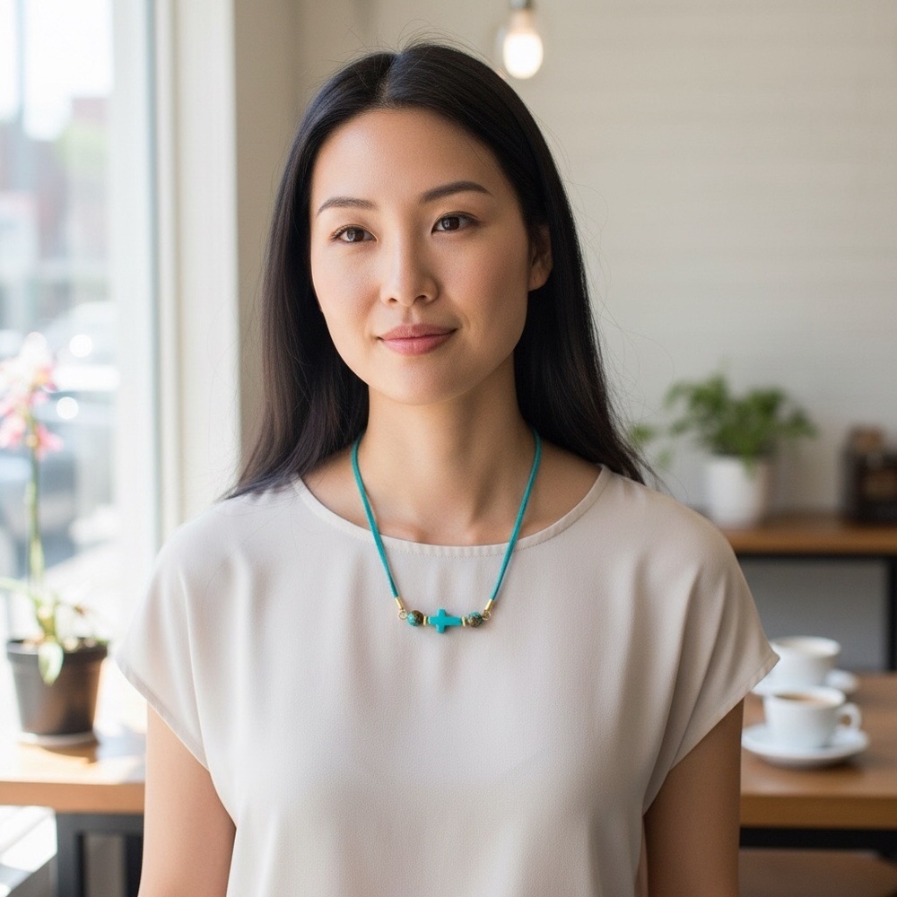 Handmade Turquoise Cross Gold-Toned Leather Necklace Length-20”